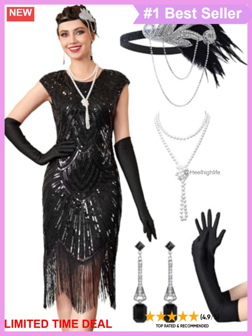 1920s Flapper Sequin Fringe Dress with Accessories Set